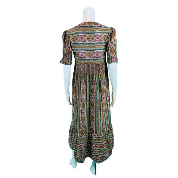 Vintage 70s Maxi Dress Women's Small Bohemian Smocked Waist Folk Tiered - Picture 9 of 10